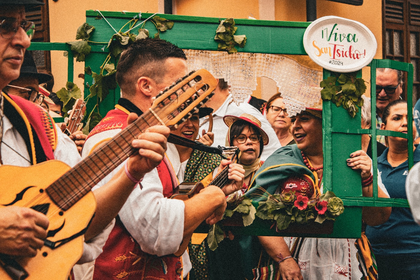 Traditional Canarian San Isidro festival with timple guitar and local costumes